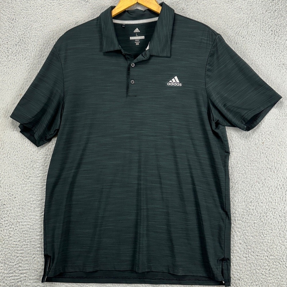 Adidas Golf Mens Polo Shirt Large Black Heather Athletic Short Sleeve Logo Rugby - Picture 2 of 7
